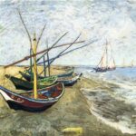 Ван Гог выбрал очень яркие и сочные оттенки для написания картины «Рыбацкие лодки на пляже в Сен-Мари». Разноцветные лодки пестрят многочисленными цветами на фоне золотого песка