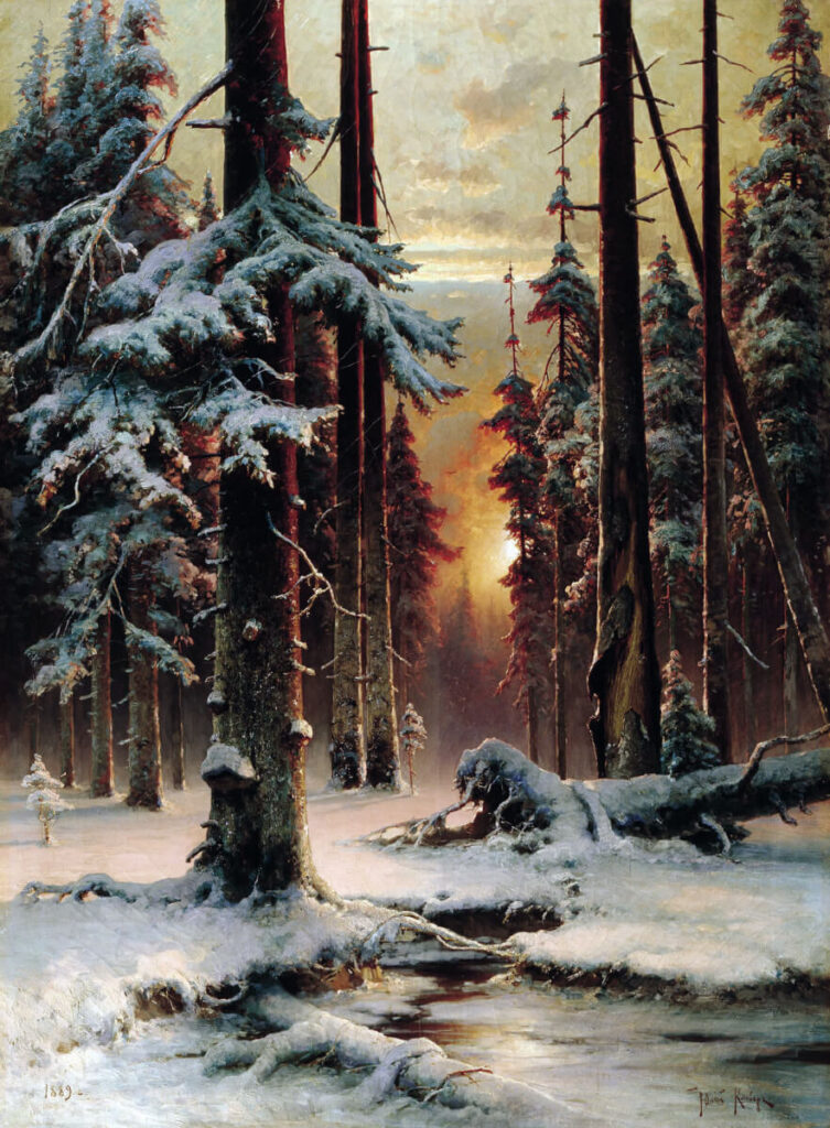 Анализ картины Юлия Клевера Зимний закат в еловом лесу