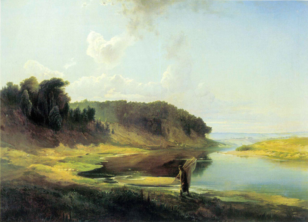 Картина Алексея Саврасова Пейзаж с рекой и рыбаком