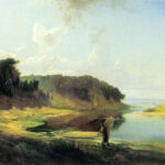 Картина Алексея Саврасова Пейзаж с рекой и рыбаком